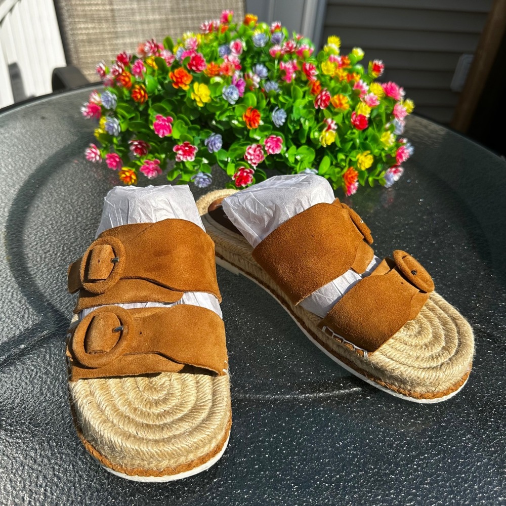 Matisse Cape Tan Suede Double Buckle Espadrille Slide Sandals Womens 7M - Picture 2 of 7